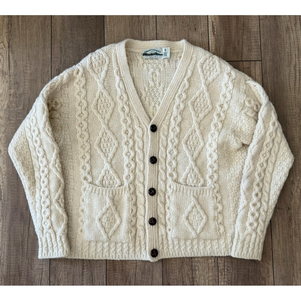 Vintage Aran Crafts Ireland Fisherman Wool Cable Knit Cardigan Women's M Chunky